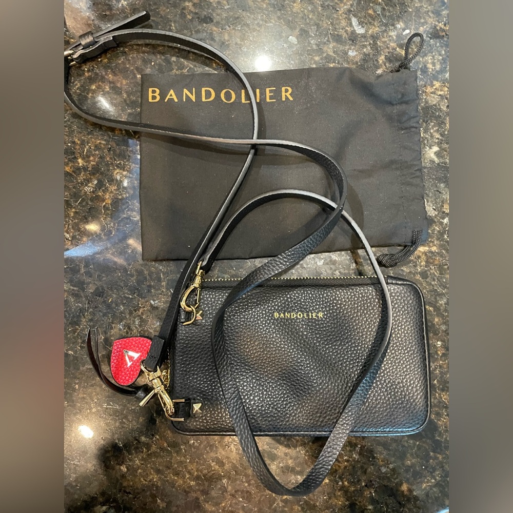 Bandolier Expanded Zip Pouch Crossbody – Black/Gold + Heart Initial Charm